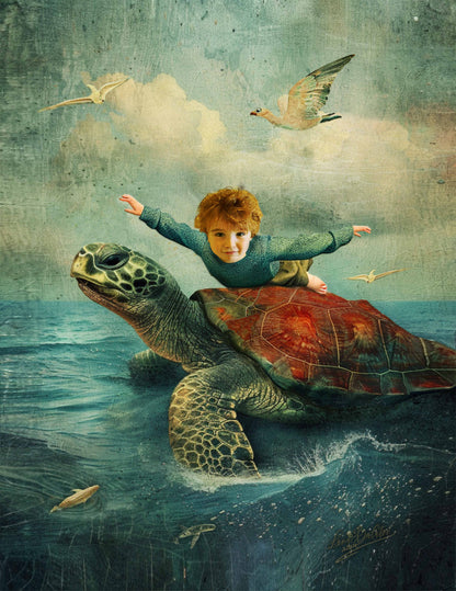 Custom Art "Turtle Flight" - Canvas or Giclée Fine Art PAPER Print