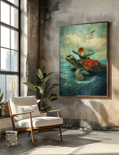 Custom Art "Turtle Flight" - Canvas or Giclée Fine Art PAPER Print